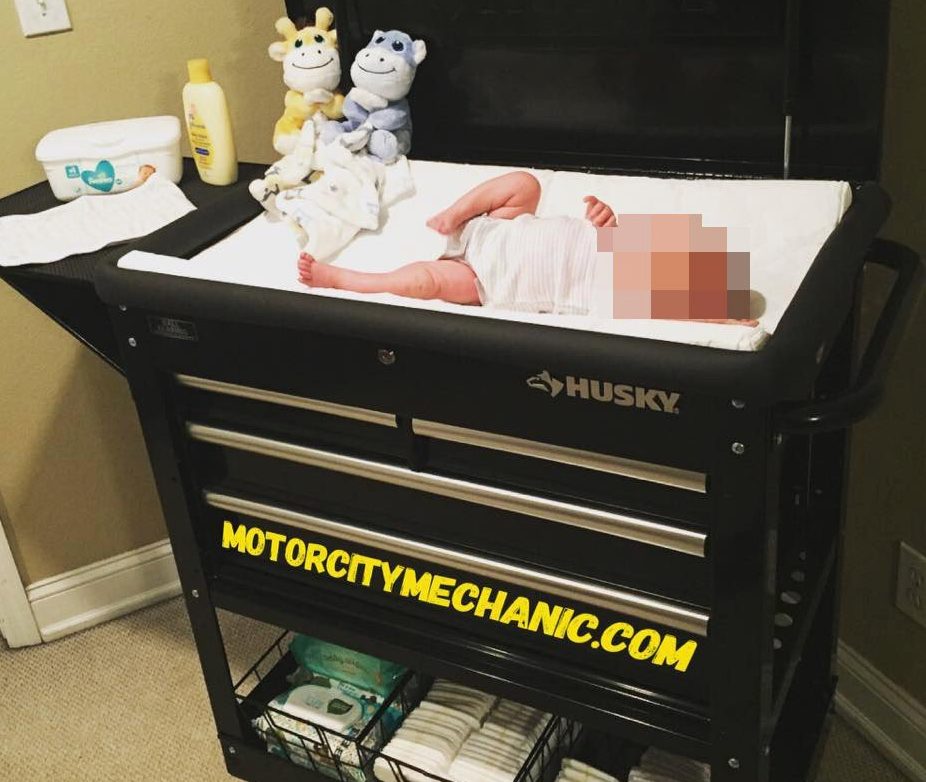 Dad turns toolbox trolley into nappy changing station