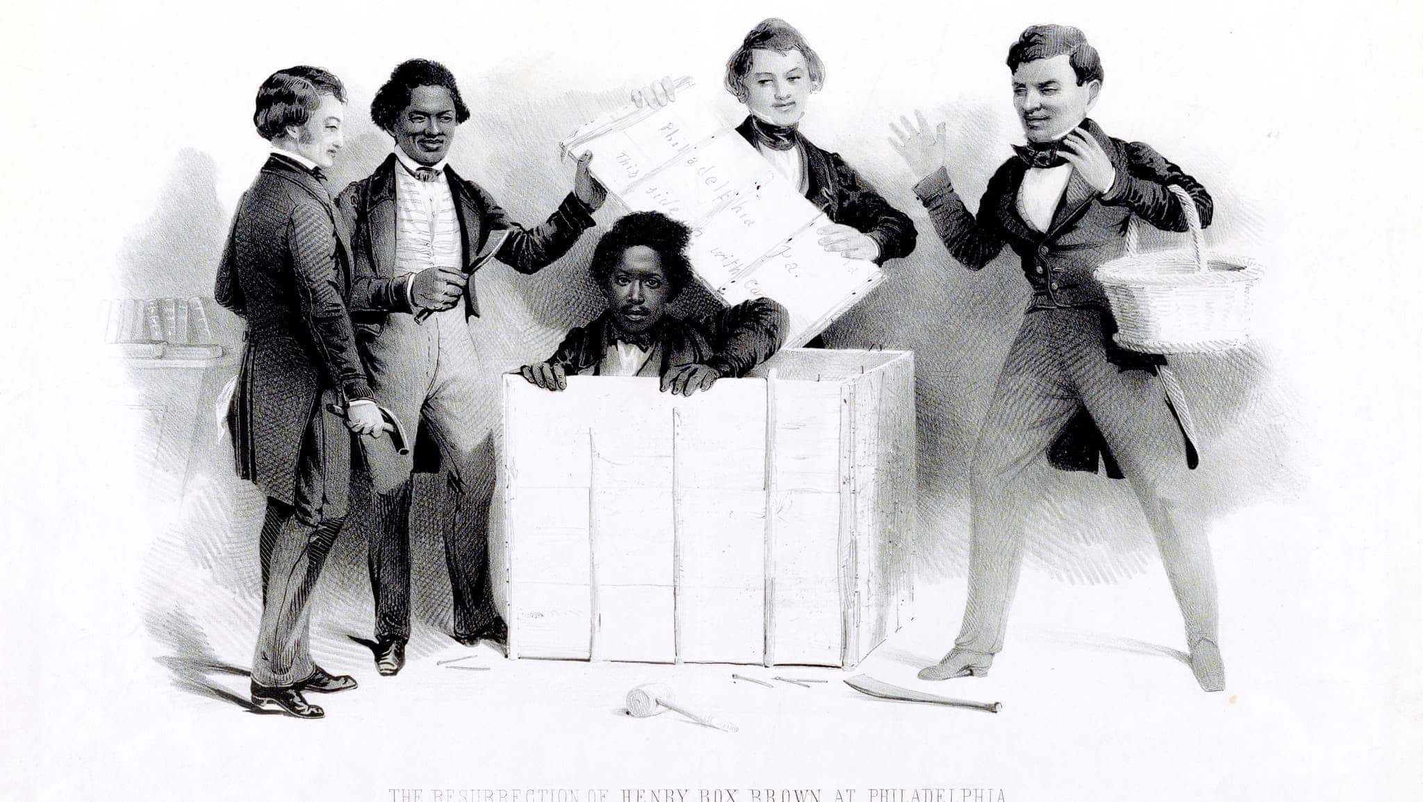 A portrayal of the final episode in the escape of Henry Brown, who fled from Richmond, VA, in a box that was 3 feet long, 2.5 feet deep, and 2 feet wide.