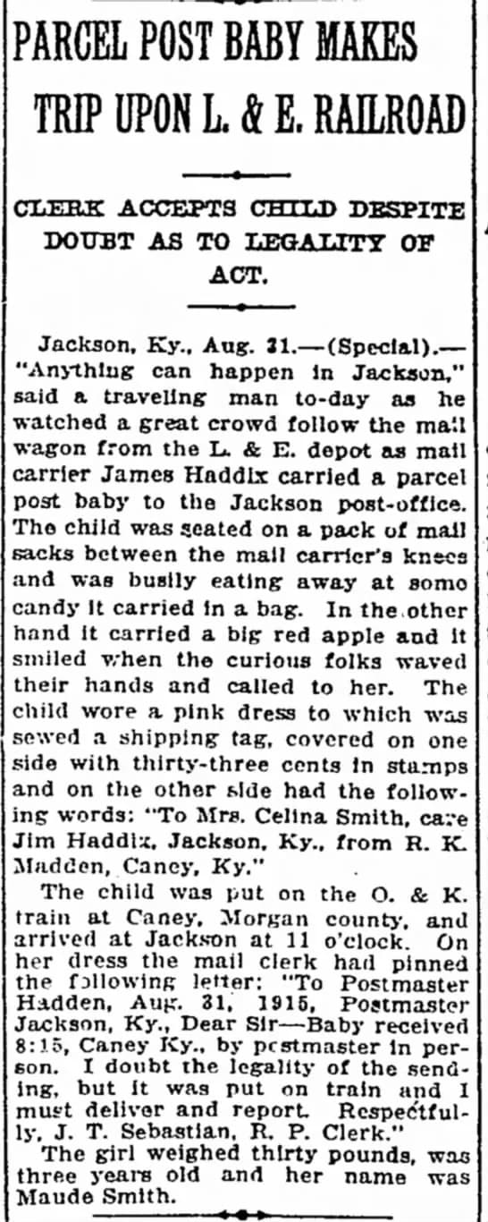 The last known account of a child being sent through the mail. - Public Domain