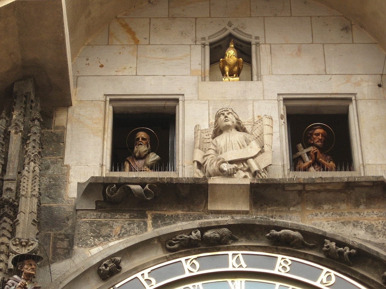 The moving statues of the apostles of Prague astronomical clock. They are the third couple: Jude Thaddaeus and Philip.