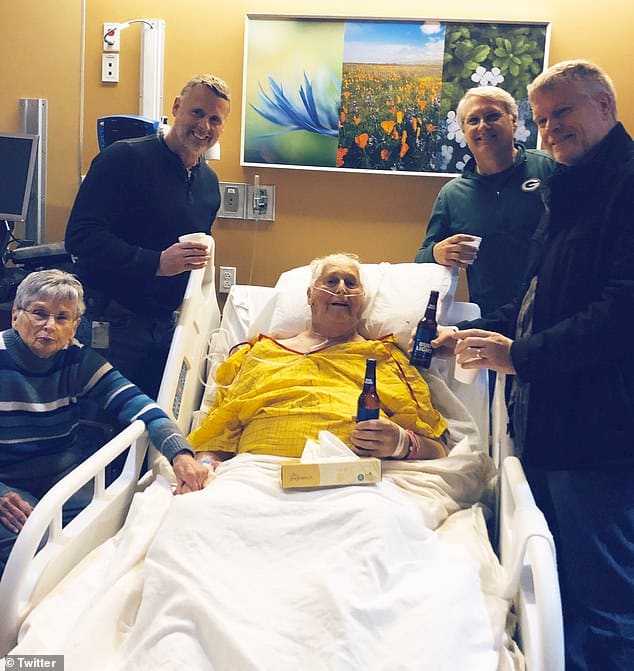 The heartbreaking image of an elderly man having a beer with his sons before he died has prompted a flood of goodwill messages online. Norbert Schemm (pictured) died from Stage Four colon cancer last Wednesday