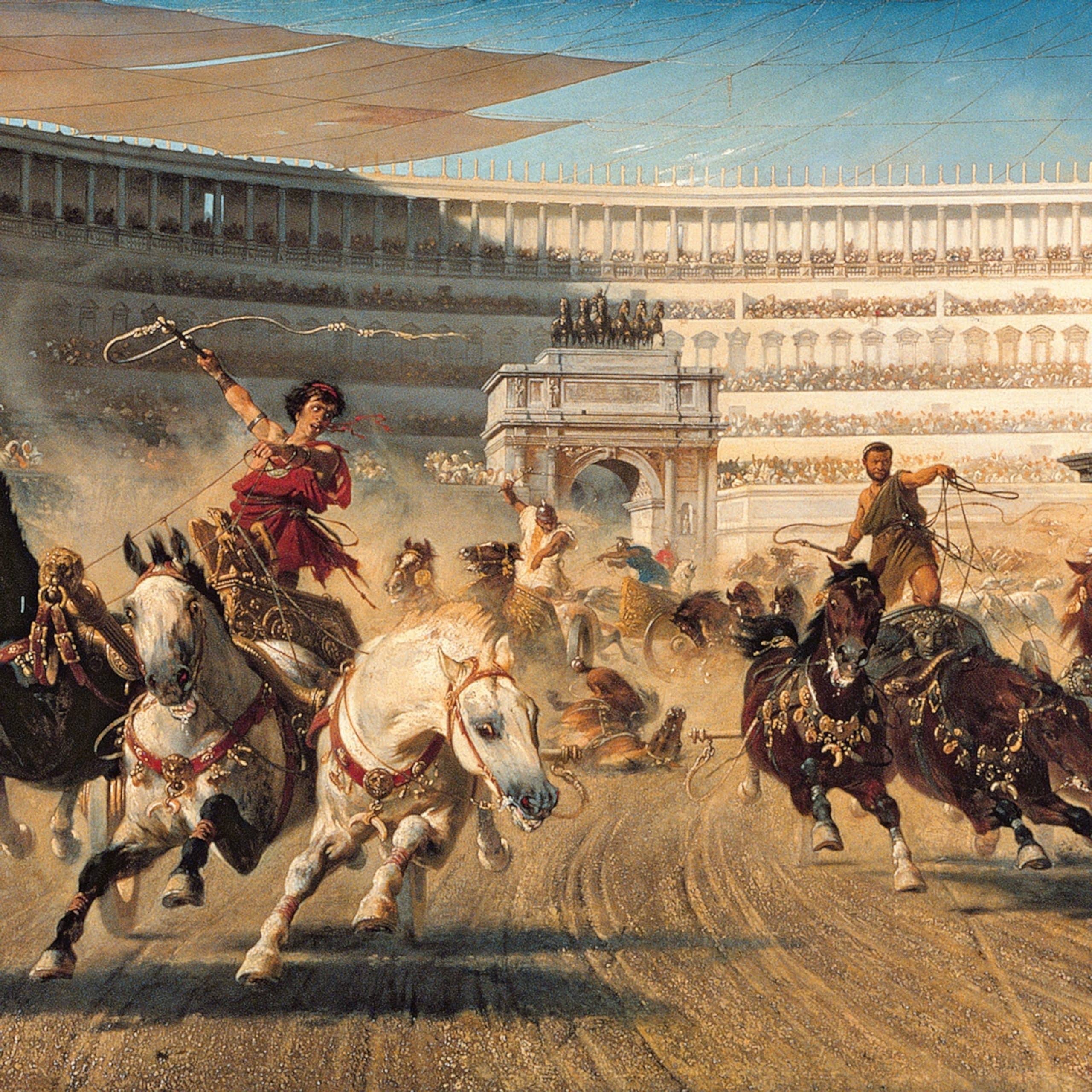 The thrill and danger of a chariot race in Rome’s Circus Maximus is captured here in Alexander von Wagner’s 1882 painting