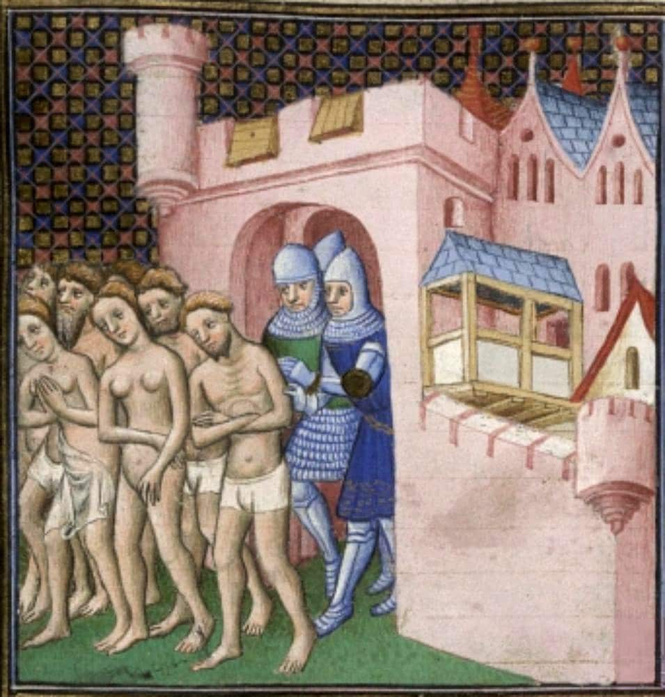 Miniature depicting Cathars being expelled from Carcassonne in 1209