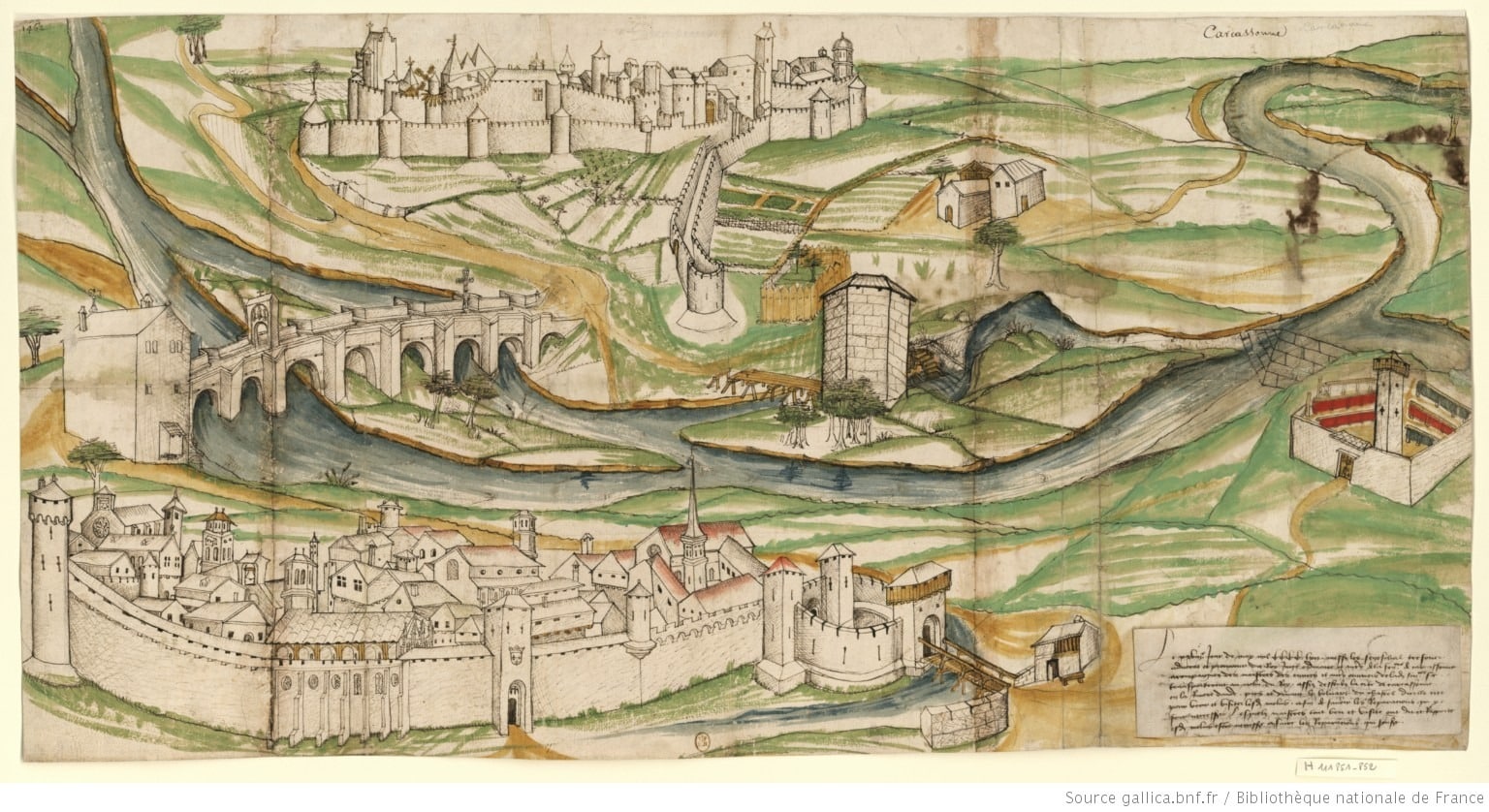 This medieval drawing of Carcassonne from 1462, discovered by Jean-Pierre Cros-Mayrevieille in the Gaignières collection of the Bibliothèque Royale, had a major influence on the project to restore Carcassonne. It reinforced Viollet-le-Duc's idea that all of the towers were topped with conical roof trussing.