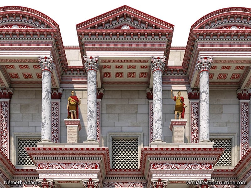 Virtual reconstruction of the Celsus library, close up of the statues on the first floor