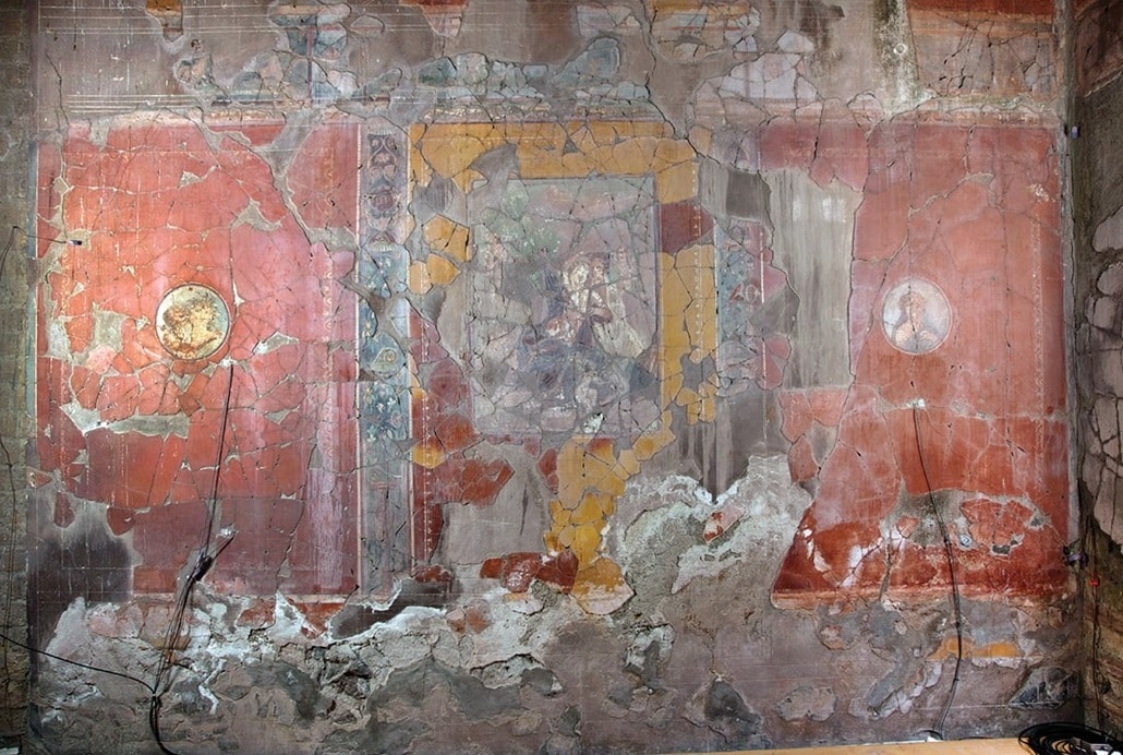 The Bicentenary House, the fresco of Aphrodite and Aris with medallions of Dionysiac portraits, 1st century AD, Tablinum, fresco, Herculaneum, Italy