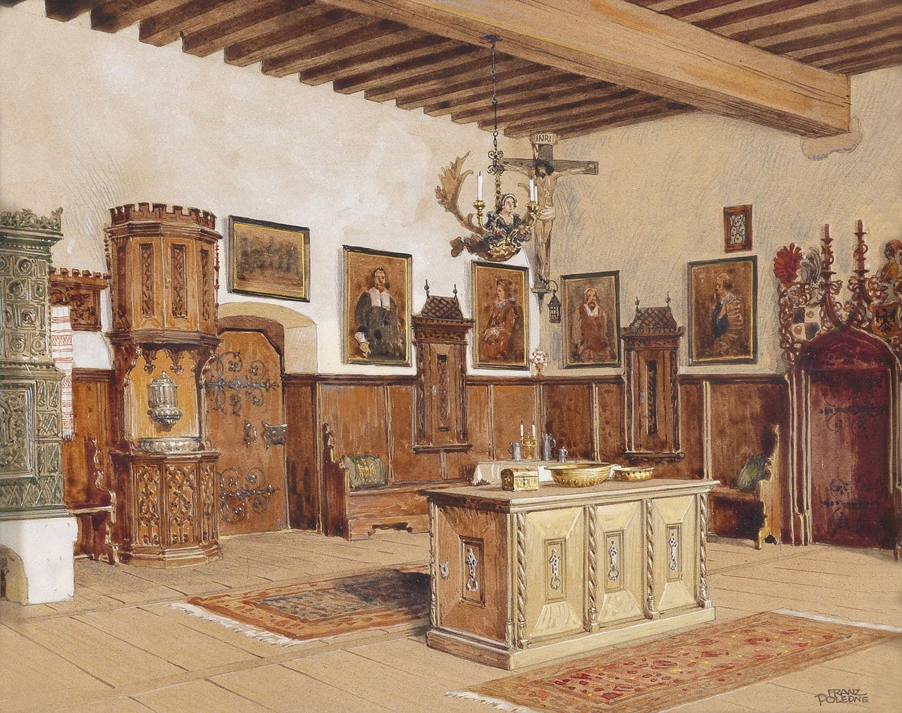 Interior of Burg Kreuzenstein by Austrian artist Franz Poledne (1873 - 1932)