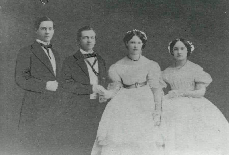 Henry and Georgiana Pittock (center) on their wedding day in 1860