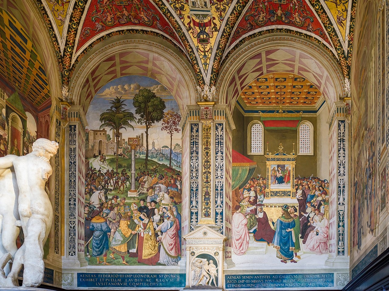 Frescos of Enea Silvio Piccolomini presenting Eleanora of Portugal to the emperor Frederick III and receiving the cardinal's hat in 1456