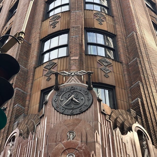 The GE clock above the corner entrance