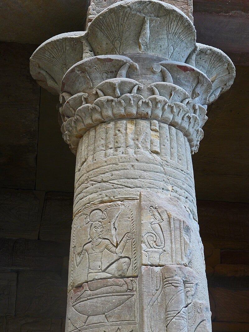 Composite capitals from columns in the temple of Isis on the island of Philae. Plate 58 from Emile Prisse d'Avennes, Histoire de l'art égyptien (Paris, 1878–79)