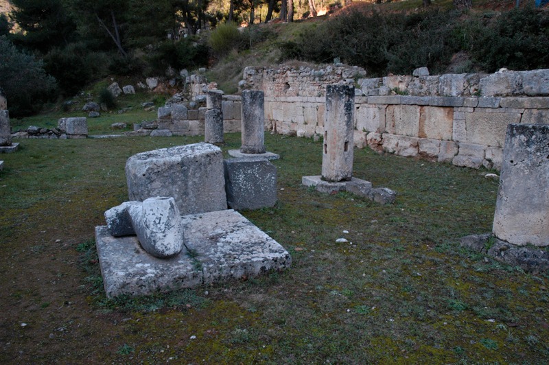 Interior view of the Temple of Amphiaraos showing interior colonnade and arm of an acrolithic statue