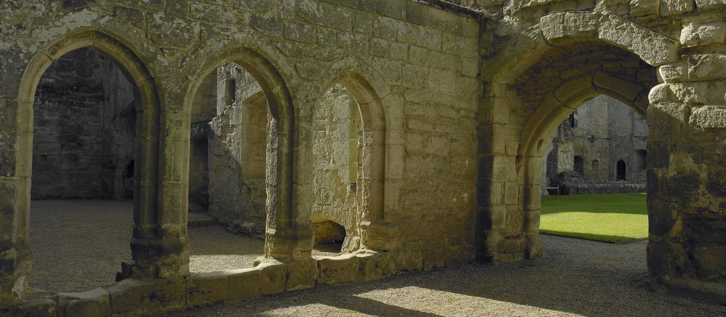 The three arches of the Screens Passage at Bodiam Castle, East Sussex