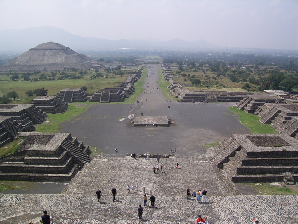 View from the summit of the Pyramid of the Moon, with the Pyramid of the Sun on the center left