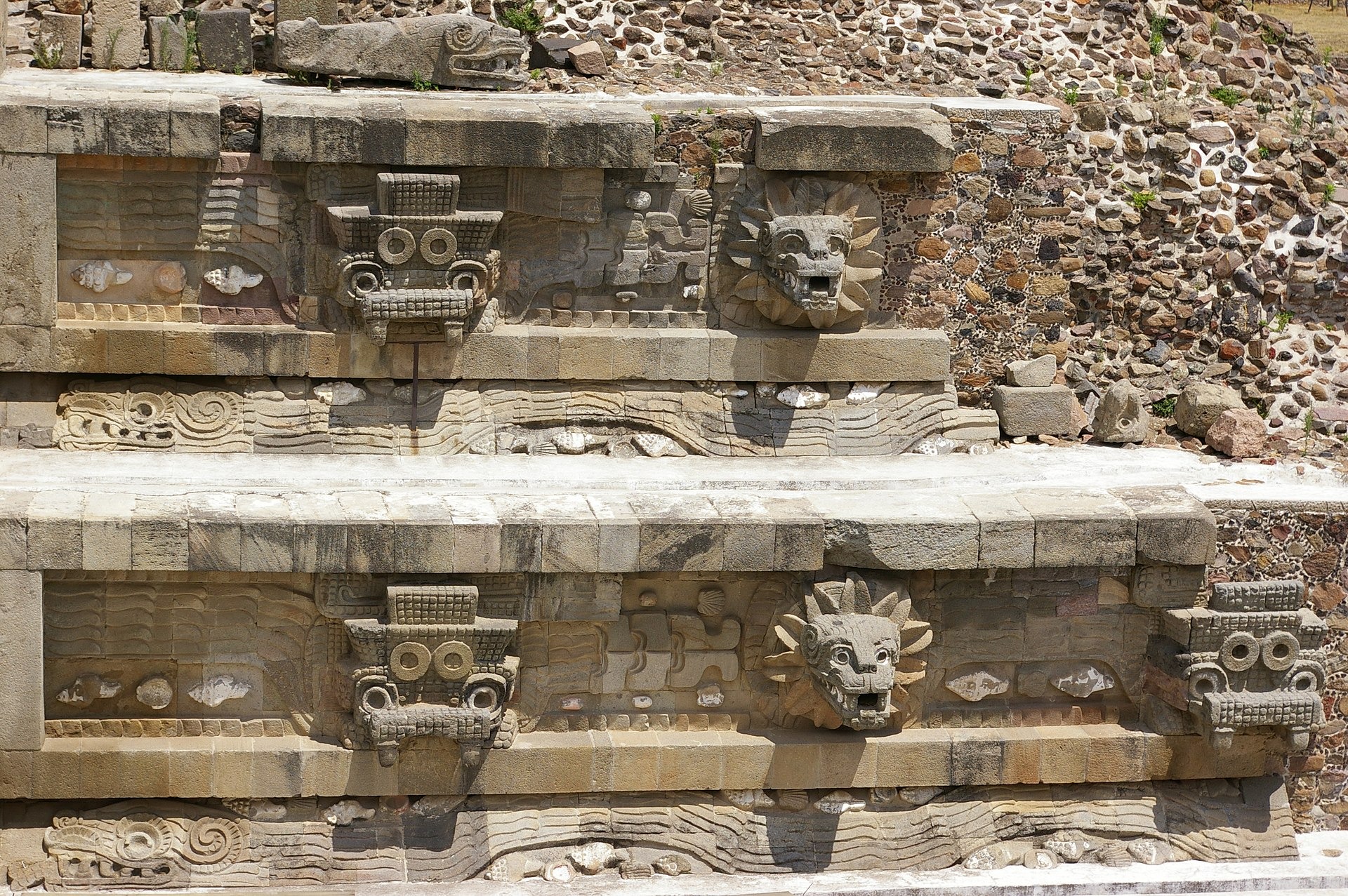 Teotihuacan - Temple of the Feathered Serpent - architectural detail to the right of the steps