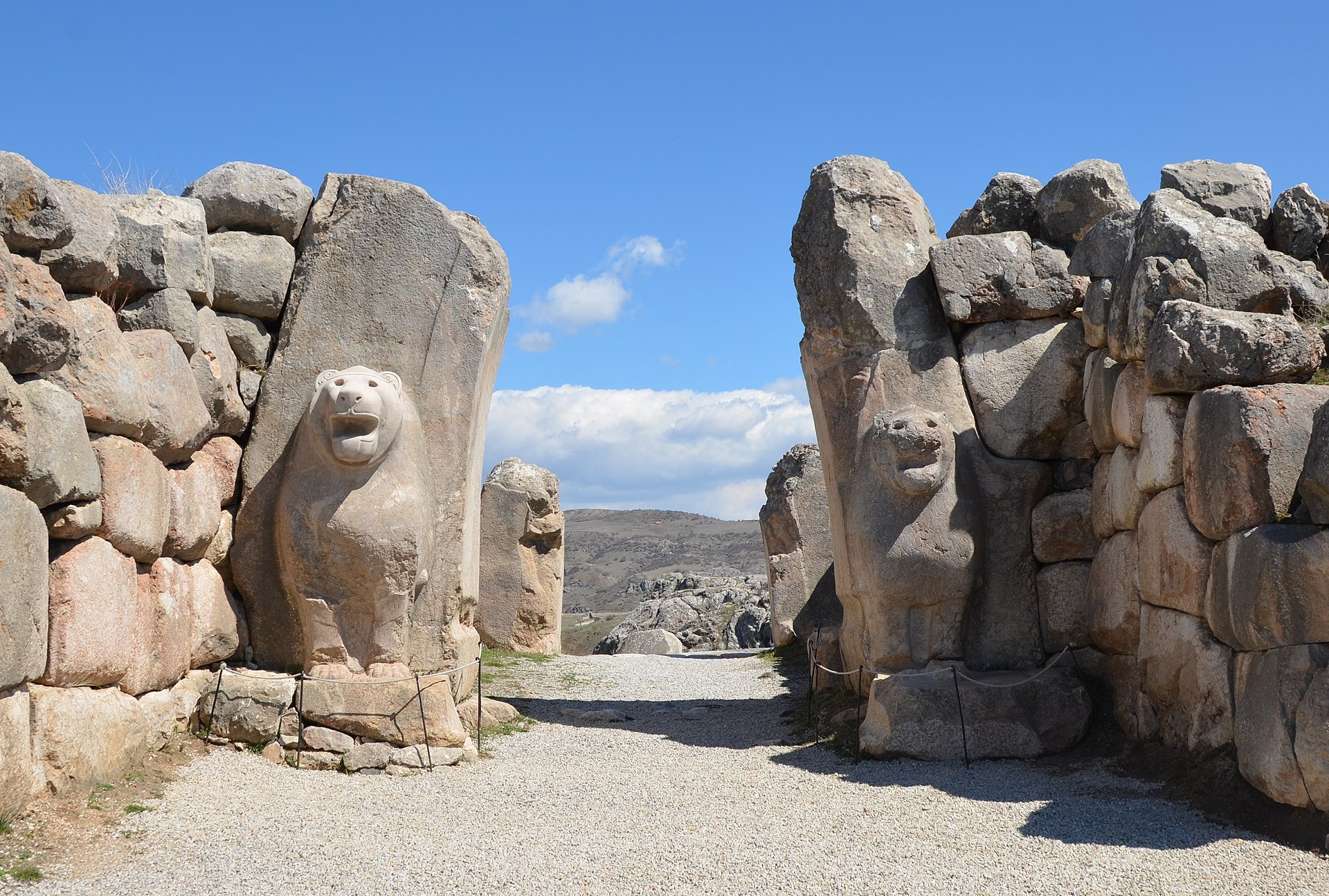 The Lion Gate flanked by two towers, located at the southwest of the city, the lions were put at the entrance of the city to ward off evil, Hattusa, capital of the Hittite Empire