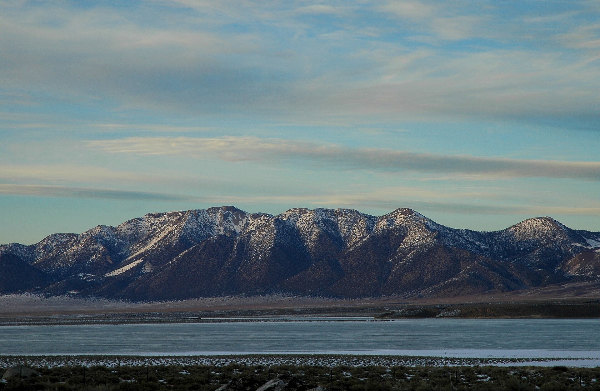 View of Lake Crowley and the volcanic Long Valley Caldera mountains near the Eastern Sierra, from U.S. Highway 395 in Mono County, California