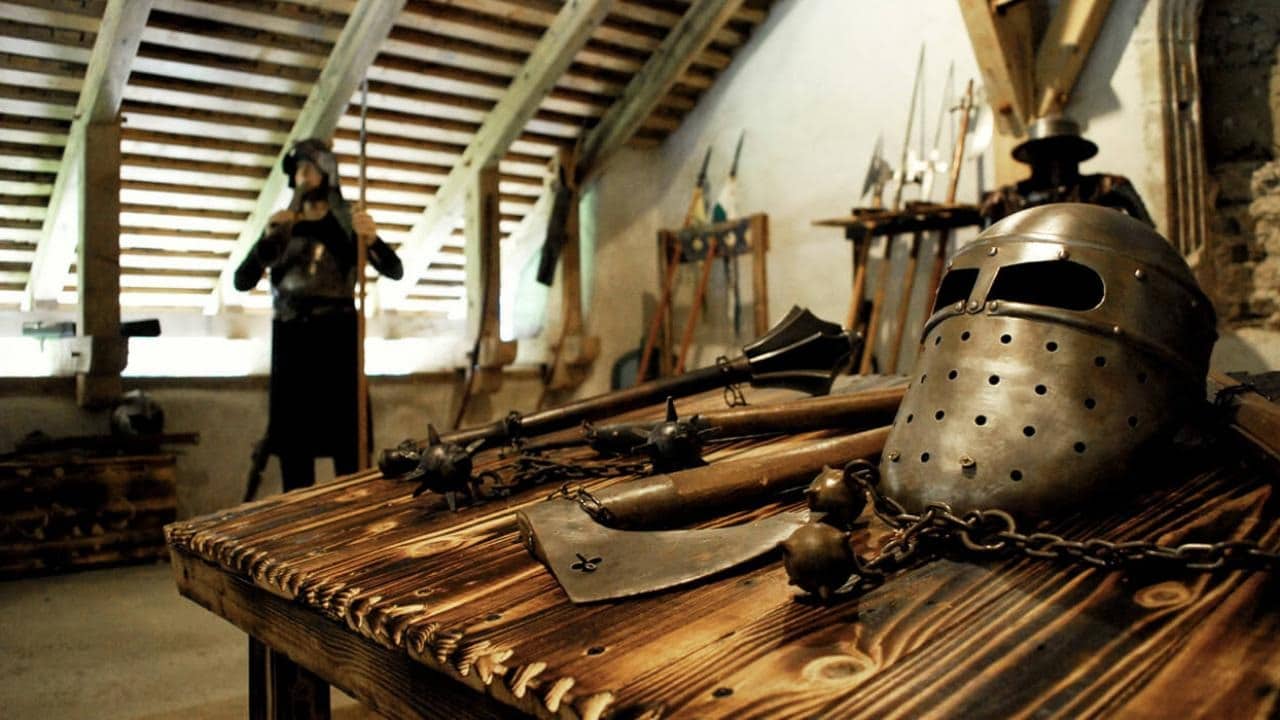 Examples of full armor suits in the castle's armory museum