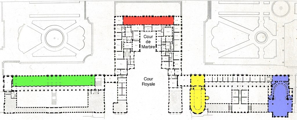 Plan of the main floor (c. 1837, with north to the right), showing the Royal Chapel in yellow, the Hall of Mirrors in red, the Hall of Battles in green, and the Royal Opera in blue.