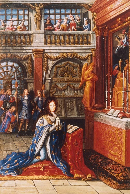 Louis XIV in prayer in the chapel of 1682 (miniature in the Heures de Louis le Grand, 1693, Bibliothèque nationale de France, ms. 9477, folio a verso)