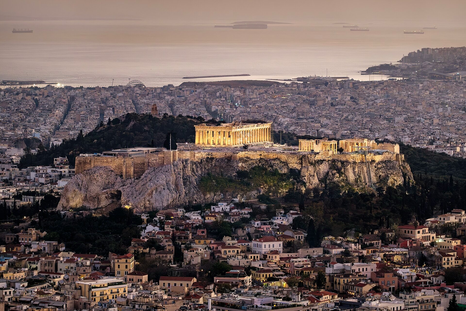 View of the Acropolis at dusk from Mount Lycabettus in 2023