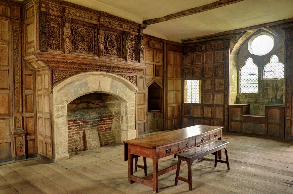 The solar, featuring 17th-century wood panelling