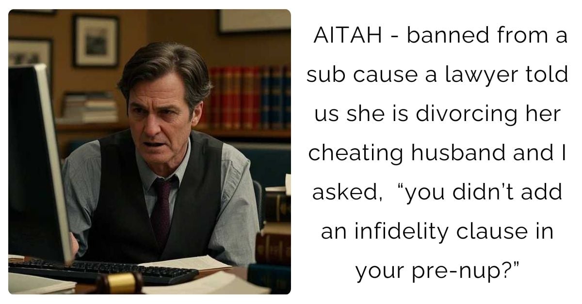 AITAH – banned from a sub cause a lawyer told us she is divorcing her cheating husband and I asked,  “you didn’t add an infidelity clause in your pre-nup?”