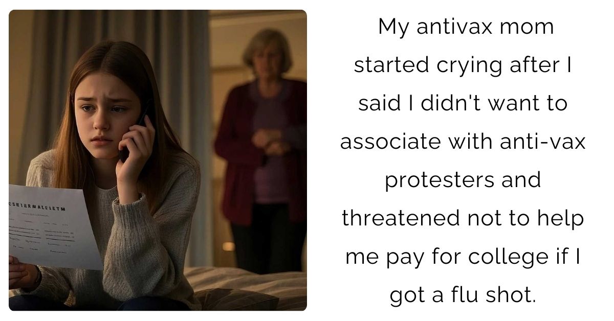 My antivax mom started crying after I said I didn’t want to associate with anti-vax protesters and threatened not to help me pay for college if I got a flu shot.