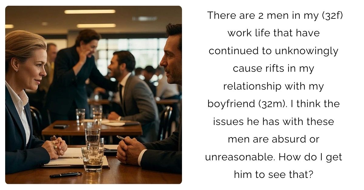 There are 2 men in my (32f) work life that have continued to unknowingly cause rifts in my relationship with my boyfriend (32m). I think the issues he has with these men are absurd or unreasonable. How do I get him to see that?