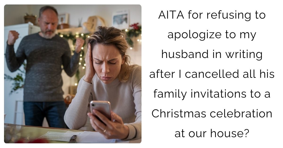 AITA for refusing to apologize to my husband in writing after I cancelled all his family invitations to a Christmas celebration at our house?