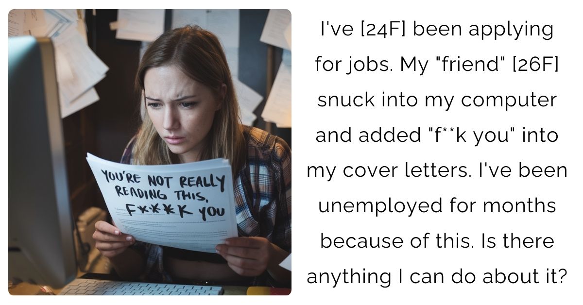 I’ve [24F] been applying for jobs. My “friend” [26F] snuck into my computer and added “f**k you” into my cover letters. I’ve been unemployed for months because of this. Is there anything I can do about it?