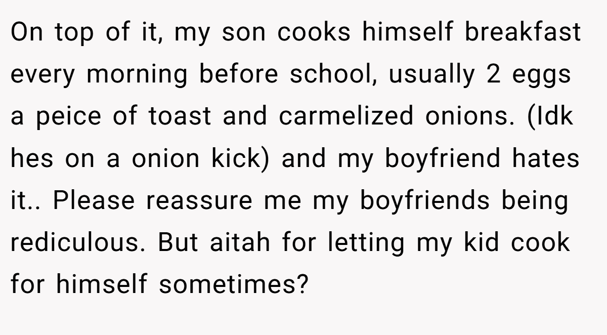 On top of it, my son cooks himself breakfast every morning before school, usually 2 eggs a peice of toast and carmelized onions. (Idk hes on a onion kick) and my boyfriend hates it.. Please reassure me my boyfriends being rediculous. But aitah for letting my kid cook for himself sometimes?