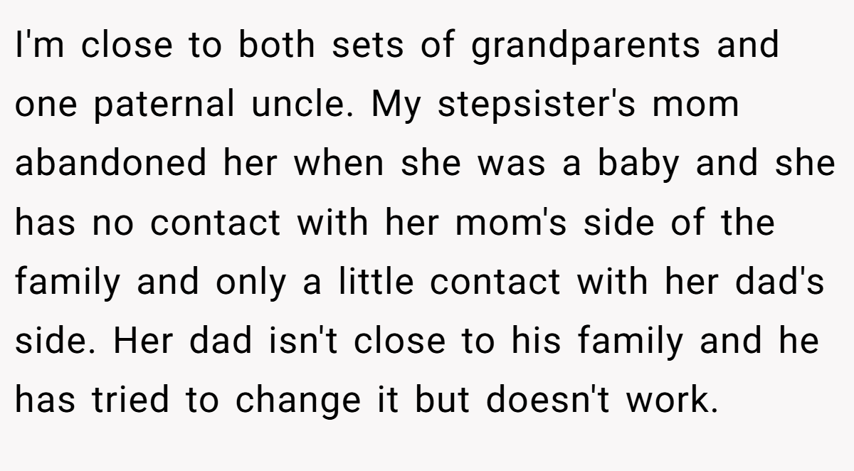 I'm close to both sets of grandparents and one paternal uncle. My stepsister's mom abandoned her when she was a baby and she has no contact with her mom's side of the family and only a little contact with her dad's side. Her dad isn't close to his family and he has tried to change it but doesn't work.